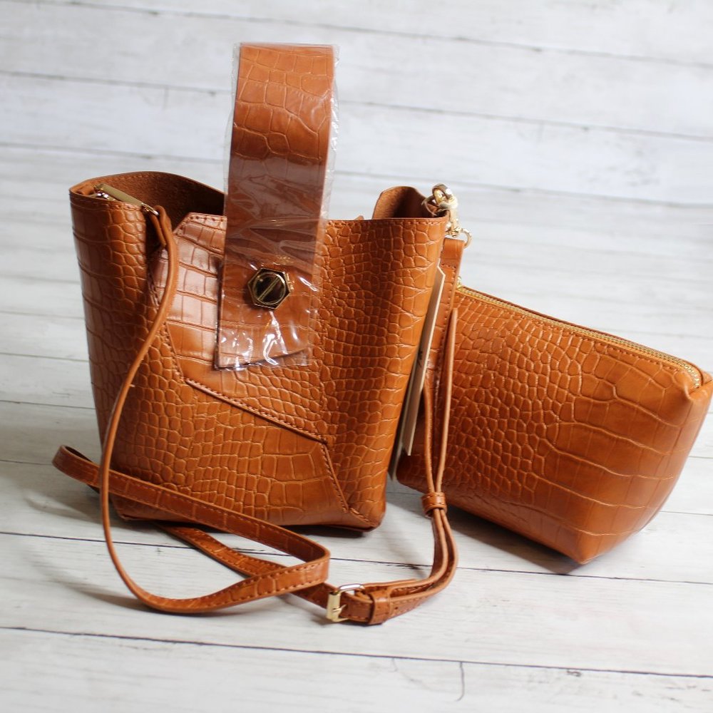 Madison West Women's Crossbody Tote Handbag Bag Pouch Brown Purse Set